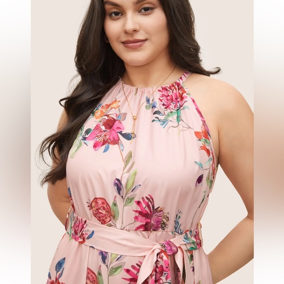 BloomChic Plus Size Citrus Fruit Print Halter Belted Gathered Dress - Picture 3 of 8